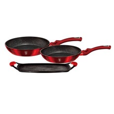 Berlinger Haus Marble Coating Frypan & Grill Plate 3 Piece Set - Burgundy Metallic