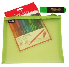 Bantex Green A5 Mesh Bag with 10 Colour Ball Pens & Highlighter