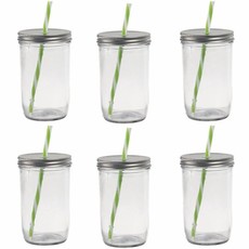 Glass Drinking Jar & Straw - Green (6 Pack)