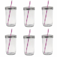 Glass Drinking Jar & Straw - Pink (6 Pack)