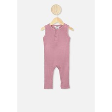 Cotton On Sleeveless Rib Romper - Stripe Dusty Berry/ Vintage Berry
