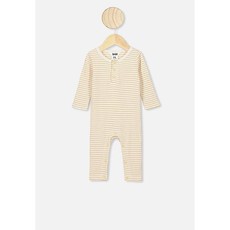 Cotton On The Rib Snap Romper - Stripe Dark Vanilla/ Vintage Honey