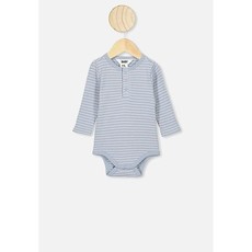 Cotton On Long Sleeve Button Bubbysuit - Stripe Rain Cloud/ Dark Vanilla