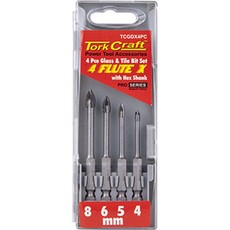 Tork Craft Glass & Tile Drill 4 Flute Set 4Pc 4/5/6/8mm In Plastic Case