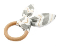 Croshka Designs Bunny Ears Baby Wooden Teething Ring - Grey, White & Gold Stripes