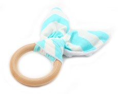 Croshka Designs Bunny Ears Baby Wooden Teething Ring - Light Blue with White