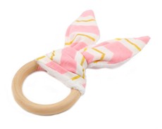 Croshka Designs Bunny Ears Baby Wooden Teething Ring - Pink, White & Gold