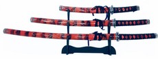 3 Piece Ninja Samurai Steel Katana Sword Set - Marble Red Dragon Engraved