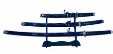 3 Piece Ninja Samurai Steel Metal Katana Sword with Stand - Black