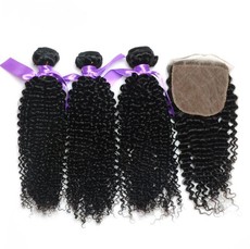 Brazilian Kinky Curly Virgin Hair Weave Extensions with 4x4 Lace Closure 8A Grade - (12inch x3 + 10 inch Closure)