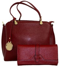 Fino 2 Pc Genuine Leather Hand & Shoulder Bag & Purse Set - Red