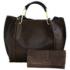 Fino 2 Pc Pu Leather Handbag & Purse Set - Coffee