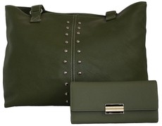 Fino 2 Pc Pu Leather Shoulder Bag With Studs & Purse Set - Green