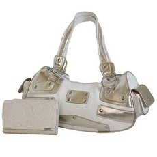 Fino 2 Piece Canvas Metallic 2 Tone Bag with Purse - White