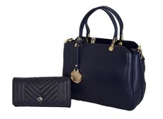 Fino 2 Piece Genuine Leather Handbag & Purse Set Navy Blue