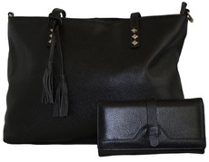 Fino 2 Piece Genuine Leather Handbag with Tassel & Purse Set - Black