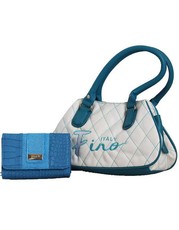 Fino 2 Tone Quilted Pu fashion Bag & Purse Set White & Blue