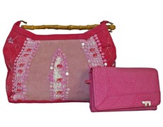 Fino Bamboo Handle Suede Bag & Purse Set - Pink