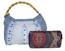 Fino Bamboo Handle Suede Bag with Purse - Blue