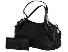 Fino Genuine Leather Handbag & Purse Set - Black