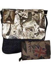 Fino Paris Eiffel Tower Print Denim Bag with Purse