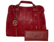 Fino Pu Leather Front Studs Bag & Purse Set - Red