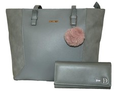 Fino Pu Leather Handbag and Removable Pom & Purse Set - Light Blue