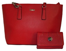 Fino Pu Leather Handbag Tote Bag & Purse Set - Red