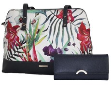 Fino Pu Leather Handbag with Spring Flower Design & Purse Set - Navy Blue