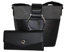 Fino Pu Leather Shoulder Bag & Purse Set- Black