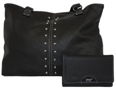 Fino Pu Leather Shoulder Bag with Studs & Purse Set - Black