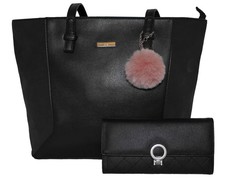 Fino Pu Leather Tote and Removable Pom & Purse Set - Black