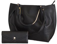 Fino PU Leather Tote Handbag & Purse Set - Black