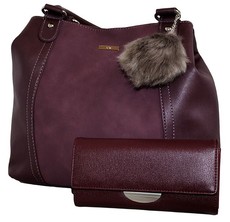 Fino Pu Leather Tote Handbag with Removable Pom and Purse Set - Burgandy