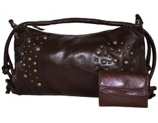 Fino Pu Studded Handbag & Purse Set -Brown