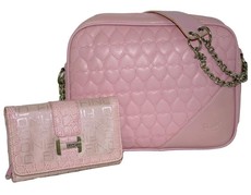 Fino Quilted Pu Leather Bag & Jacquard Purse Set - Pink