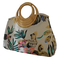 Fino Sequinned Tropical Garden Printed Canvas Bag w/ Bamboo Handle - Khaki