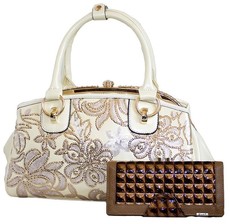 Fino Top Handle Patent Leather Elegant Handbag with Purse - Cream