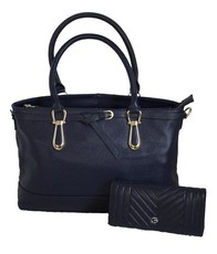 Fino Women's Genuine Leather Handbag & Purse Set - Navy