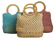 Fino Women's Strawbag with Round Wooden Handles - 3 Piece