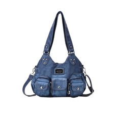 Multi-Pocket Washed Soft PU Leather Shoulder Bags For Women-Dark Blue