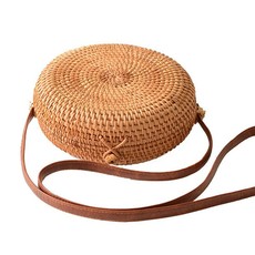 Off To Blue Hand Woven Round Rattan Bag Shoulder Leather Straps - Bali