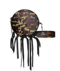 Seek Circular Leather Handbag with Tassels in Camo Print