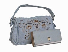 Suede Embroidered Bag with Purse Set - Light Blue