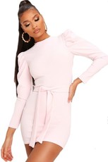 I Saw it First - Ladies Baby Pink Stretch Crepe Puff Sleeve Belted Dress