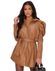 I Saw it First - Ladies Beige Faux Leather Belted Shirt Dress