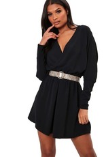 I Saw it First - Ladies Black Balloon Sleeve Wrap Skater Dress