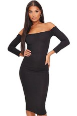 I Saw it First - Ladies Black Bardot Long Sleeve Ribbed Midi Dress