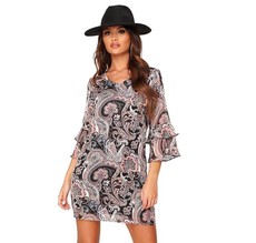 I Saw it First - Ladies Black Black Paisley Print Flared Sleeve Dress