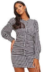 I Saw it First - Ladies Black Cotton Poplin Ruched Front Gingham Dress